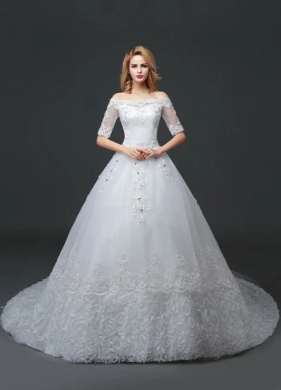 Bridal wedding gownsPrincess Wedding Dress Off The Shoulder Lace Beading Bridal Gown White Half Sleeve Ball Gown Bridal Dress With Cathedral Train Lace Wedding Dress