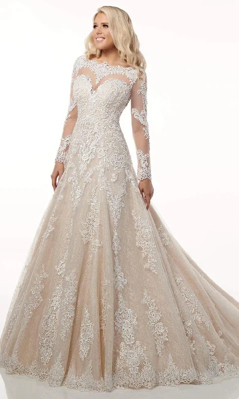 Chiffon wedding dressesRachel Allan - M778 Illusion Long Sleeve Lace A-Line Wedding Dress Boho Wedding Gown