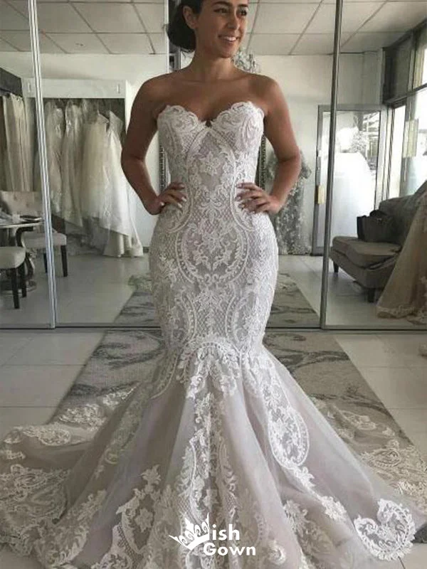 Minimalist wedding dressesRomantic Mermaid Sweetheart Sleeveless With Trailing Applique Popular Bridal Long Wedding Dresses, WDH125 Vintage Lace Dress