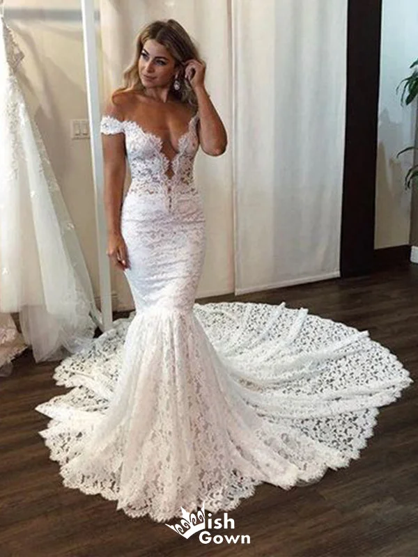 Chic wedding dressesSexy Mermaid Off Shoulder V Neck Sleeveless With Trailing Applique Popular Bridal Long Wedding Dresses, WDH126 Floral Wedding Gown