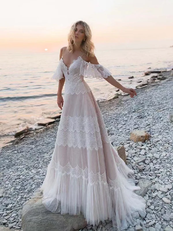 Designer wedding dressesSpaghetti Straps Beach A-line Wedding Dresses, Newest Lace Bridal Gowns, Popular Wedding Dresses Simple Wedding Gown