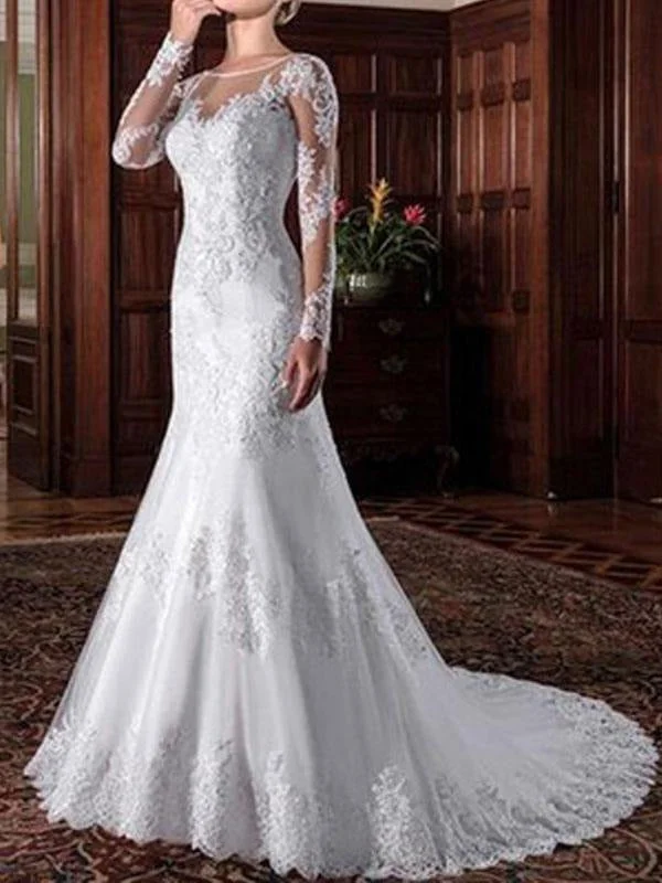 Courthouse wedding dressesVintage Wedding Bridal Dress 2021 Sheath Illusion Neck Long Sleeve Lace Applique Wedding Dresses With Train Full Skirt Wedding