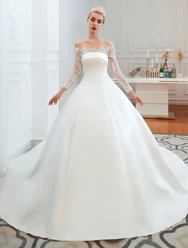 Best wedding dresses for short bridesVintage Wedding Dress 2021 Off The Shoulder Long Sleeve Princess Satin Floor Length Bridal Gowns With Train Classic Lace Gown