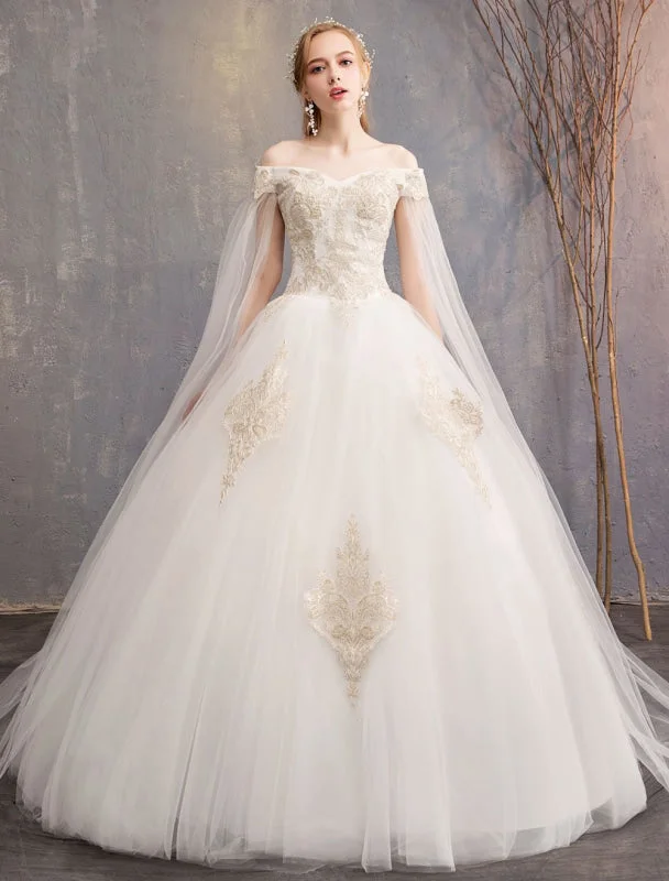 Trending wedding dresses 2024Wedding Dresses Tulle Off The Shoulder Short Sleeve Lace Applique Princess Bridal Gown Strapless Lace Dress