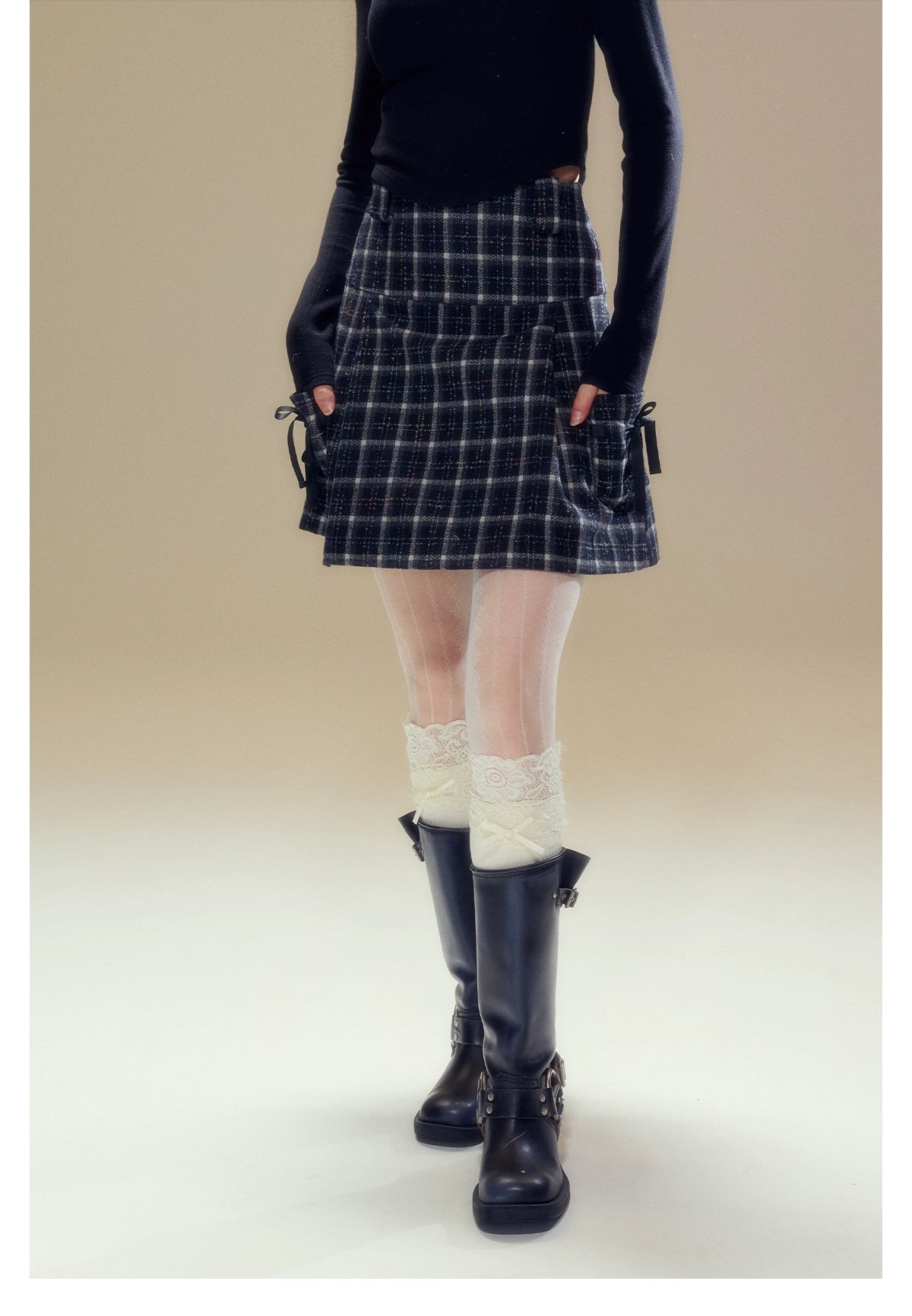 Side-tie unclassified skirtsBlack Plaid A-line Wool Skirt Side-tie unclassified skirts