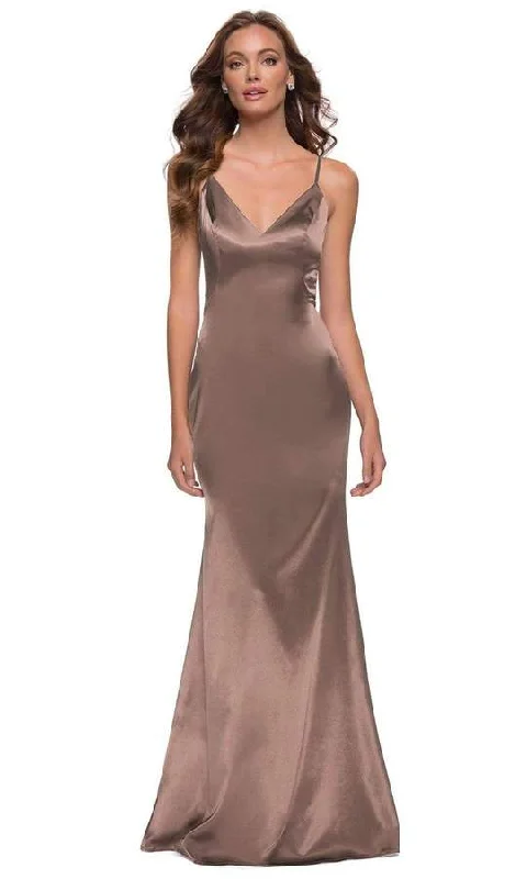 Tiered maxi dressesLa Femme - Sleeveless V-Neck Fitted Satin Long Dress 29960SC - 1 pc Nude In Size 4 Available Ruffled maxi dresses