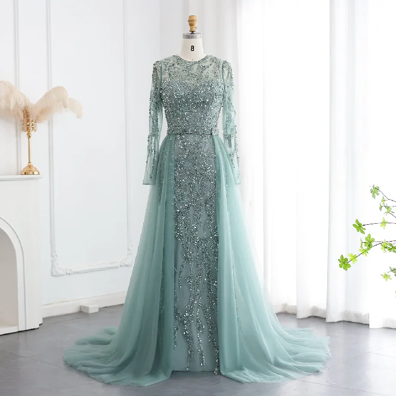 High-end party dressesLuxury Turquoise Long Sleeve Evening Dress with Overskirt SS183 Expensive party dresses