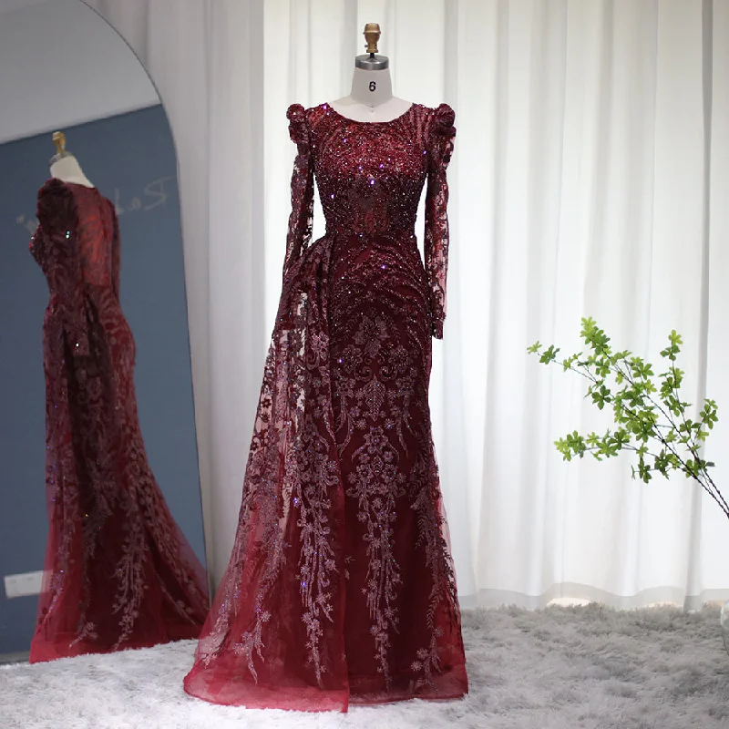 Flattering party dresses for all body typesLuxury Burgundy Long Sleeves Evening Dress with Overskirt SS127 Versatile party dresses for any occasion