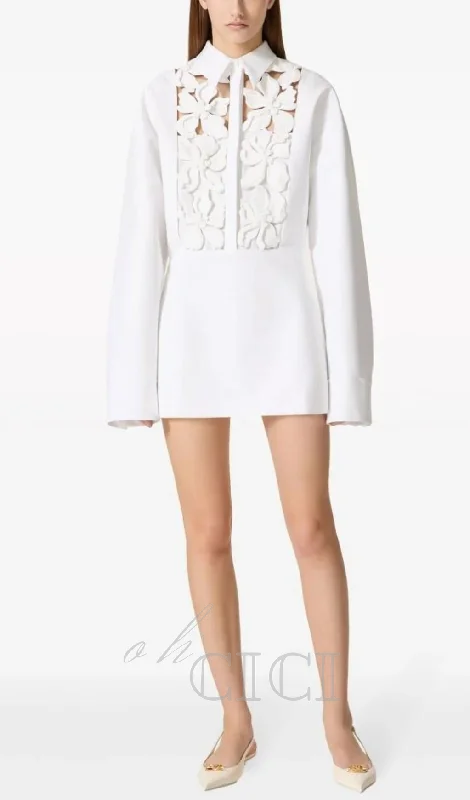 Ruffled floral dressesETHEL FLORAL CUTOUT LONG SLEEVES SHIRT DRESS IN WHITE Ruffled floral dresses