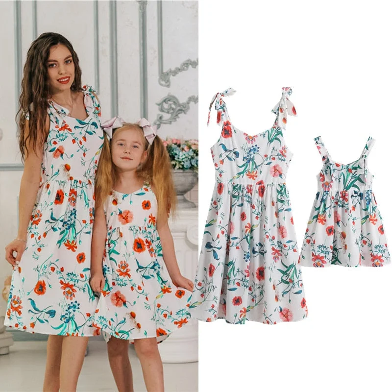 Vacation floral dressesFamily Matching Outfits Mommy and Me Summer Girls Flower Printed Vest Princess Dress Women Suits Mother and Daughter Clothes Vacation floral dresses