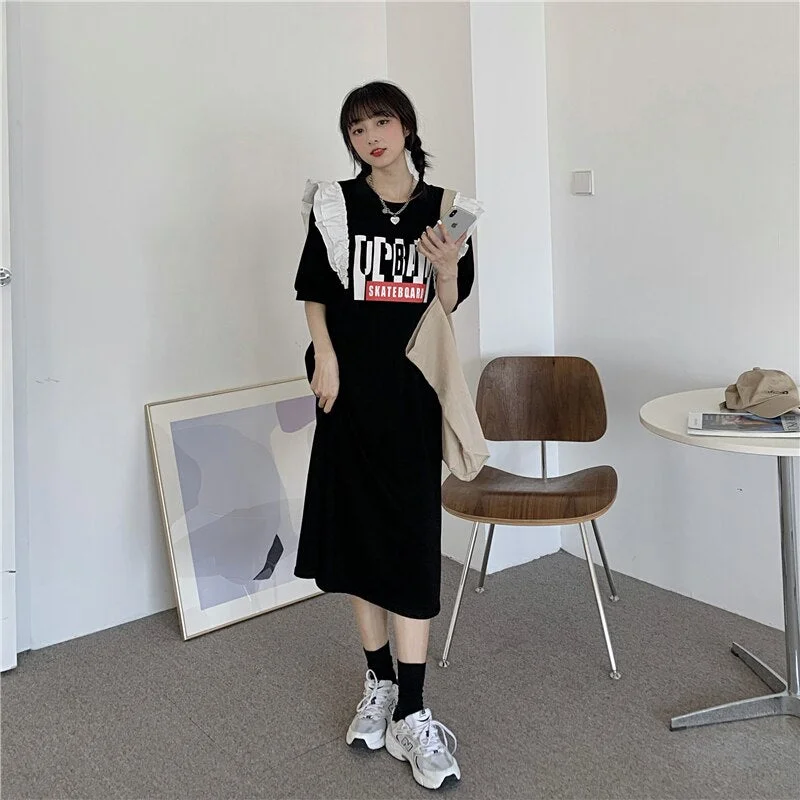 Birthday floral dressesFemale Korean Kawaii Loose Lazy Letter Print Chic Dress Women's Dresses Japanese Harajuku Vintage Ulzzang Clothing For Women Birthday floral dresses