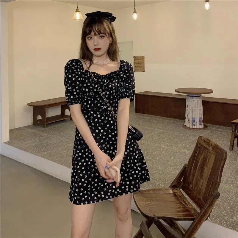 Versatile floral dresses for all occasionsFemale Korean Kawaii Lovely Square Neck Floral Lace Dress Women's Dresses Japanese Harajuku Vintage Ulzzang Clothing For Women Versatile floral dresses for all occasions