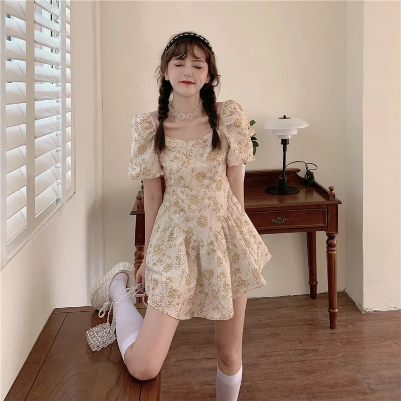 Discounted floral dressesFloral Square Collar Ins Dress Female Korean Kawaii Cute Women's Dresses Japanese Harajuku Vintage Ulzzang Clothing For Women Discounted floral dresses