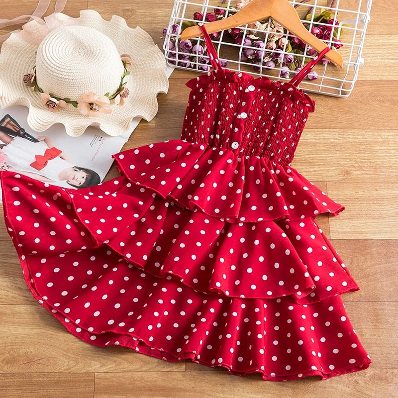 Versatile floral dresses for all occasionsGirls Dresses For Kids Chiffon Summer Cake Layers Princess Red Costume Children Polka Dot Print Sling Clothes Elegant Tutu Gown Versatile floral dresses for all occasions