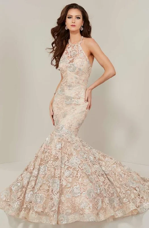 Chic floral dressesTiffany Designs -16366SC Beaded Halter Floral Sequin Mermaid Gown Chic floral dresses