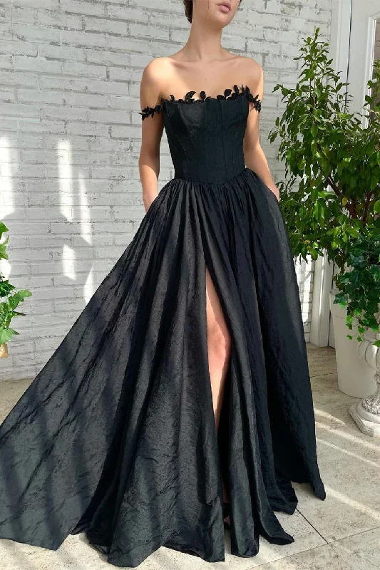 Lounge unclassified dressesA-line Strapless Applique Off-the-shoulder Floor-length High Split Prom Dress Lounge unclassified dresses