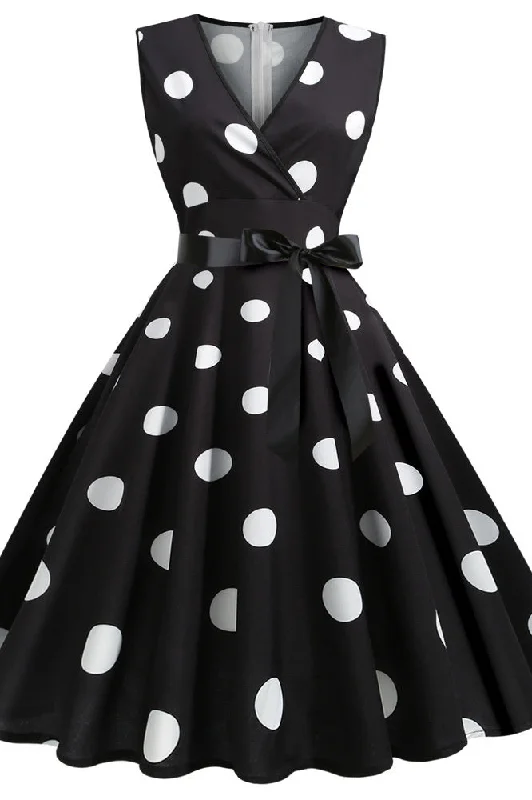 Beaded unclassified dressesBlack And White Polka Dot Sleeveless Swing Dresses Beaded unclassified dresses