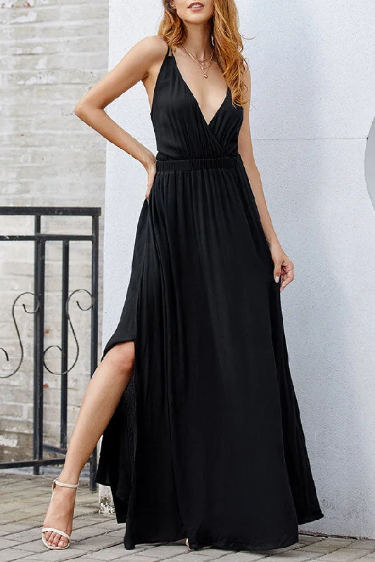 Ruffled unclassified dressesBlack V-neck Spaghetti Straps Backless Prom Evening Dress Ruffled unclassified dresses