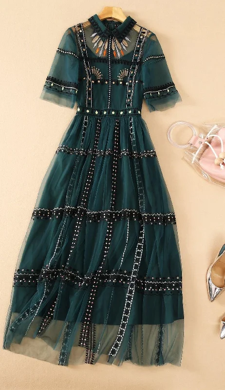 A-line unclassified dressesBohemian Green Mesh Embroidery Dress A-line unclassified dresses