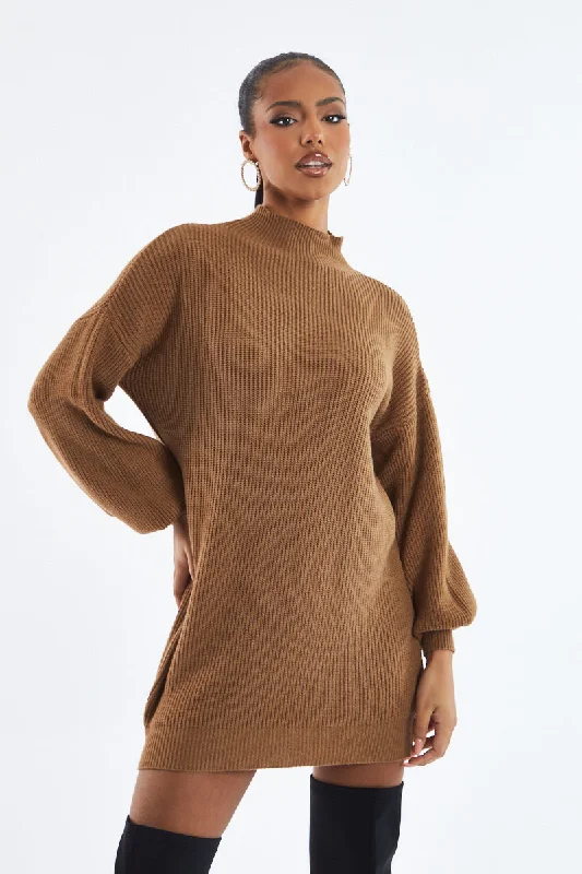 Luxury unclassified dressesBrown Oversized Knit Jumper Dress - Inez Luxury unclassified dresses