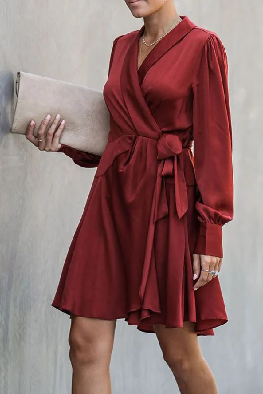 Holiday unclassified dressesBurgundy V-neck Tie Front Wrap Dress Holiday unclassified dresses