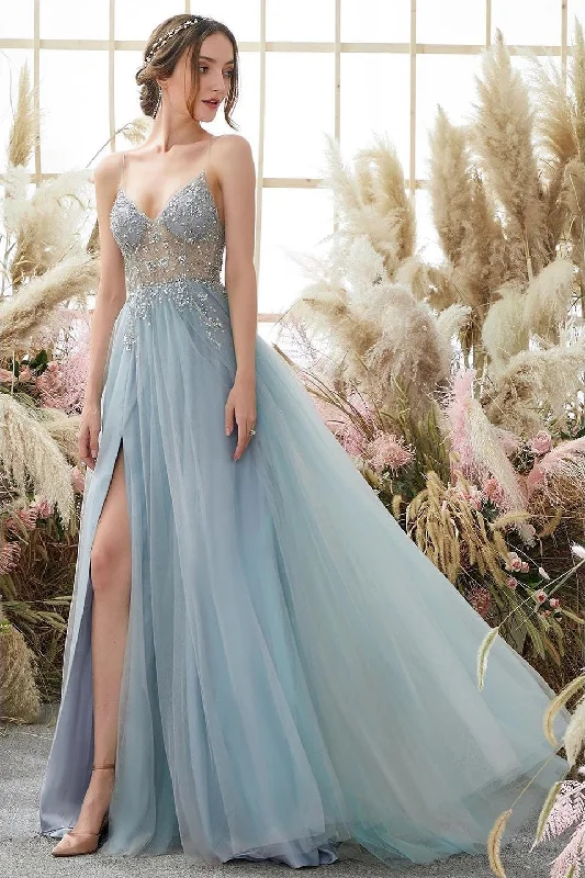 Silk unclassified dressesGlorious A-line Blue V-neck Spaghetti Straps Slit Beading Prom Dress Silk unclassified dresses