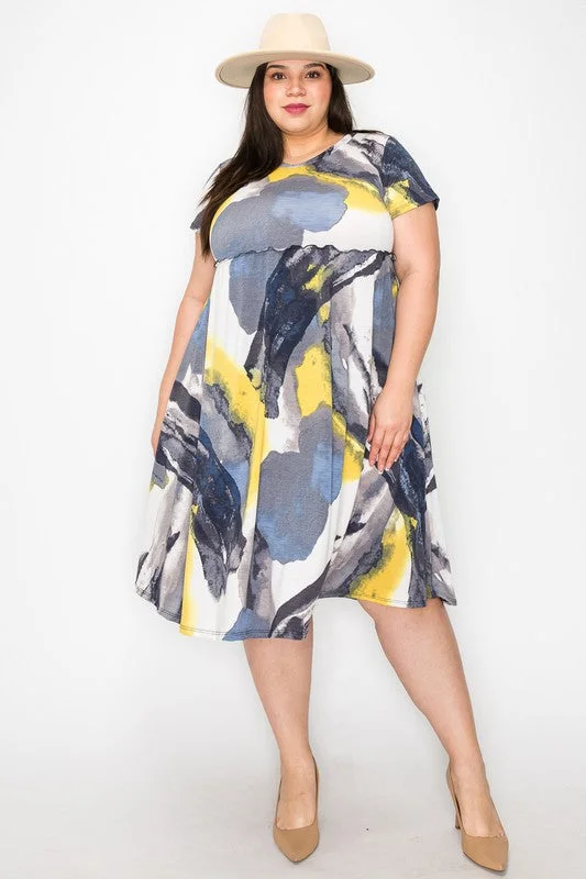 Summer unclassified dressesGray Blue Yellow Shirred Tie Dye Dress w Pockets Summer unclassified dresses