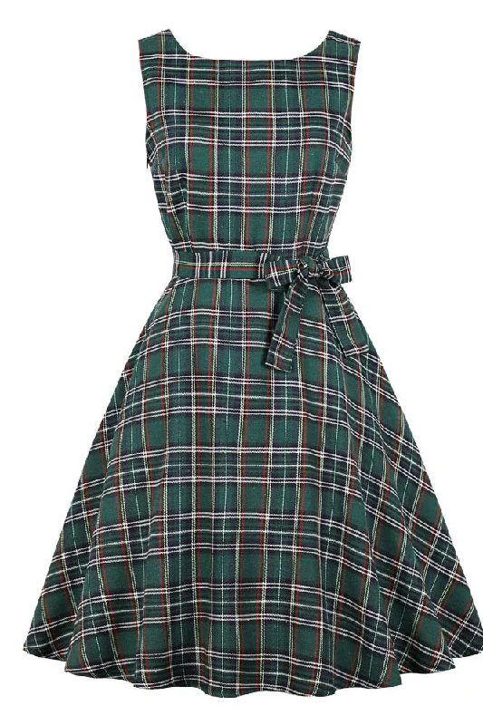 Spring unclassified dressesGreen Plaid Sleeveless Vintage Dress Spring unclassified dresses