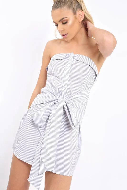 Mesh unclassified dressesGrey Stripe Bardot Tie Around The Waist Dress - Gwen Mesh unclassified dresses