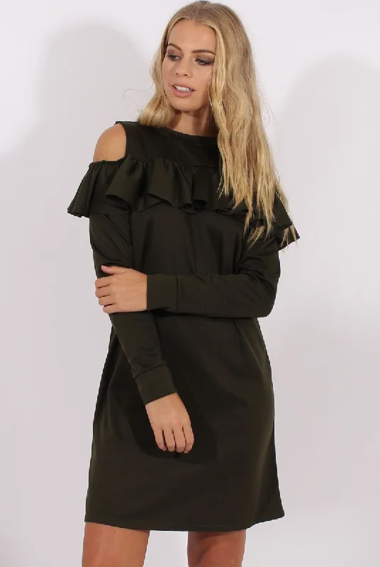 Y2K unclassified dressesKhaki Cold Shoulder Frill Layer Swing Dress - Megan Y2K unclassified dresses