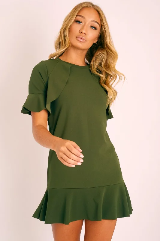 Ruched unclassified dressesKhaki Frill Detail Peplum Dress - Birda Ruched unclassified dresses