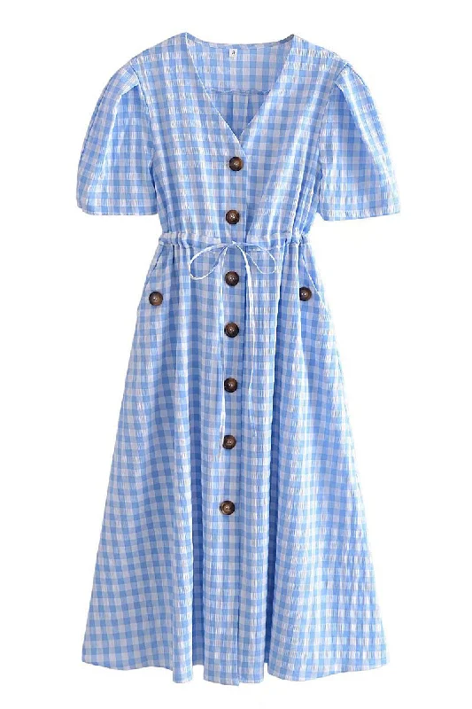 Party unclassified dressesLight Sky Blue Plaid Buttoned Dress Party unclassified dresses