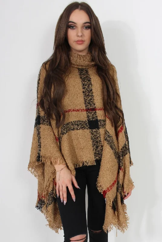 Striped unclassified dressesMaria Beige Knitted Roll Neck Poncho Striped unclassified dresses