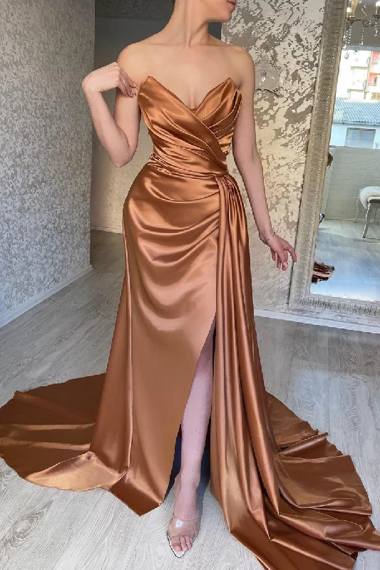 Satin unclassified dressesMermaid Strapless Sweetheart Floor-length Multiple-Layers Sleeveless Open Back Side Train High Split Prom Dress Satin unclassified dresses