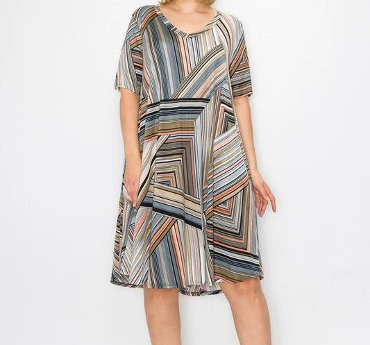 Silk unclassified dressesGray Pink Multi Stripe Dress with Pockets Silk unclassified dresses