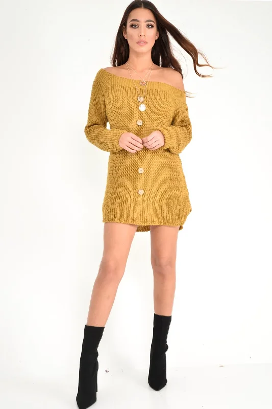 Discounted unclassified dressesMustard Bardot Button Front Chunky Knit Jumper Dress - Syanna Discounted unclassified dresses