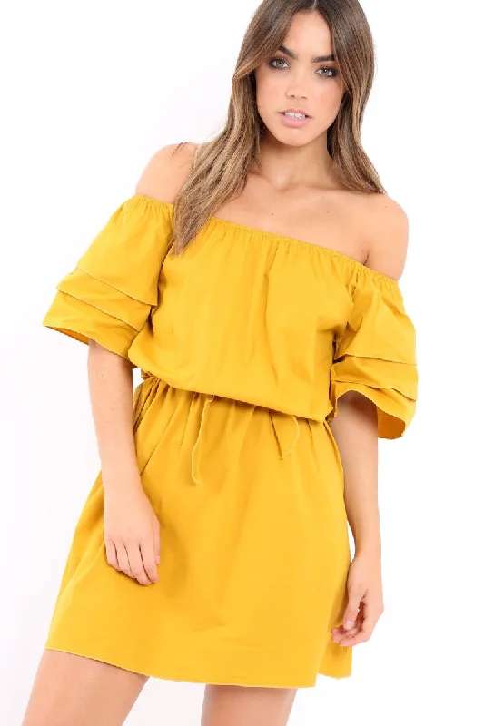 Unique unclassified dressesMustard Bardot Dress with Ruffled Sleeves - Breena Unique unclassified dresses