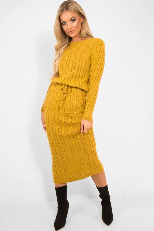 Date night unclassified dressesMustard Cable Knit Drawstring Waist Dress - Rhea Date night unclassified dresses