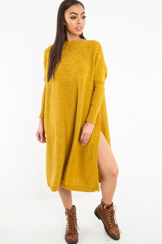 Winter unclassified dressesMustard Cable Knit Side Split Jumper Dress - Maniya Winter unclassified dresses