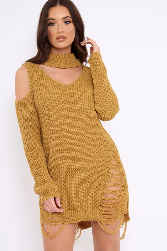 Wrap unclassified dressesMustard Knitted Cut Out Front Cold Shoulder Distressed Jumper Dress - Jamie Wrap unclassified dresses