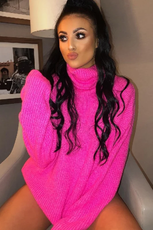 Preppy unclassified dressesNeon Pink Roll Neck Jumper Dress - Freylynn Preppy unclassified dresses