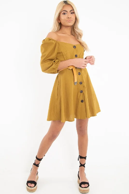 Off-shoulder unclassified dressesOlive Green Button Front Skater Dress - Candice Off-shoulder unclassified dresses