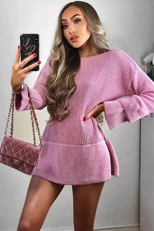 Petite unclassified dressesPink Bell Sleeve Extreme Hem Chunky Knit Jumper Dress - Paige Petite unclassified dresses