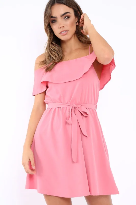 Plus size unclassified dressesPink Cold Shoulder Frill Tie Waist Dress - Selah Plus size unclassified dresses