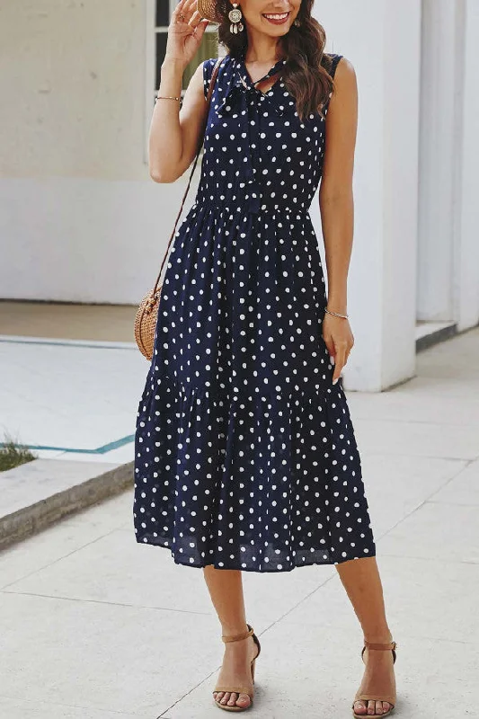 Beaded unclassified dressesPolka Dot Tie Neck Sleeveless Dress Beaded unclassified dresses