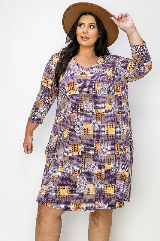 Polka dot unclassified dressesPurple Orange Patchwork Dress 3 Qtr Sleeves and Pockets Polka dot unclassified dresses