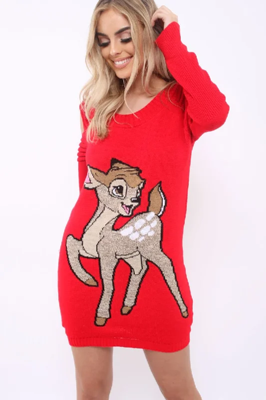 Halter unclassified dressesRed Festive Deer Cold Shouldered Jumper Dress - Catarina Halter unclassified dresses