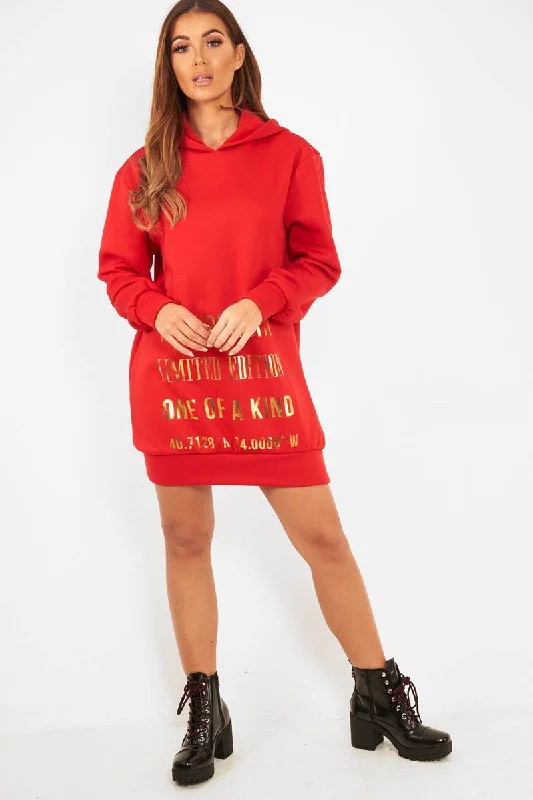 Luxury unclassified dressesRed Gold New York Slogan Hoodie Dress - Sophira Luxury unclassified dresses