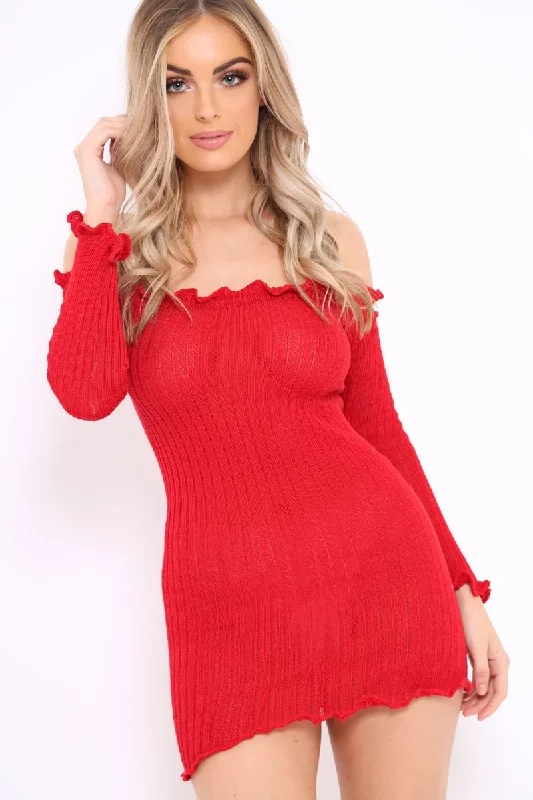 Unique unclassified dressesRed Knitted Bardot Frill Dress - Leisha Unique unclassified dresses