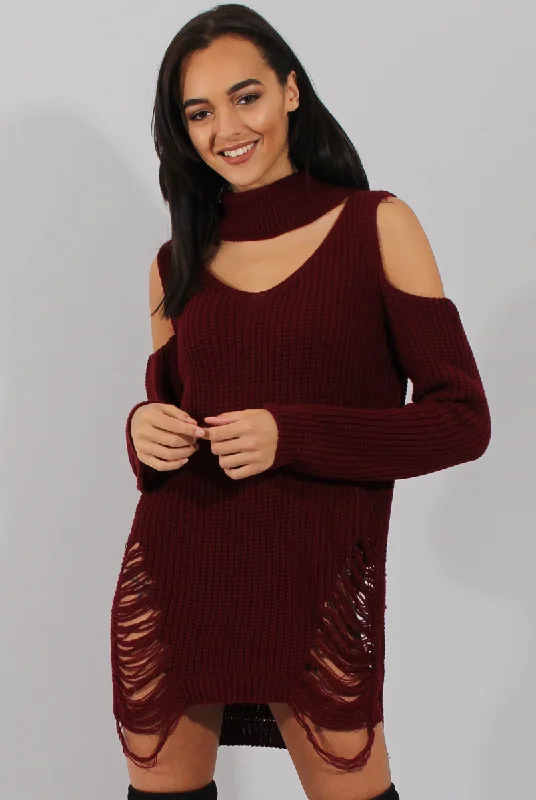 Stylish unclassified dressesRed Knitted Cut Out Front Cold Shoulder Distressed Jumper Dress - Jamie Stylish unclassified dresses